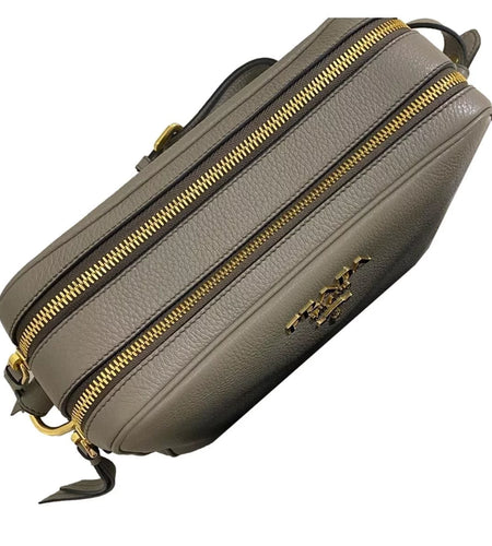 New  Argilla Grey Vitello Phenix Leather Double Zip Crossbody Bag 1BH079