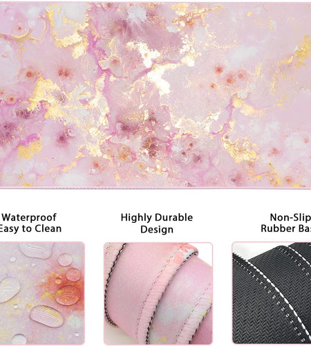 Keyboard Mouse Pad Set, Extended Mouse Pad+Keyboard Wrist Rest Support, Memory Foam Ergonomic Easy Typing, 3Pcs (35.4×15.7 In) Desk Pad Set for Home Office Study Game- Pink Gold Marble