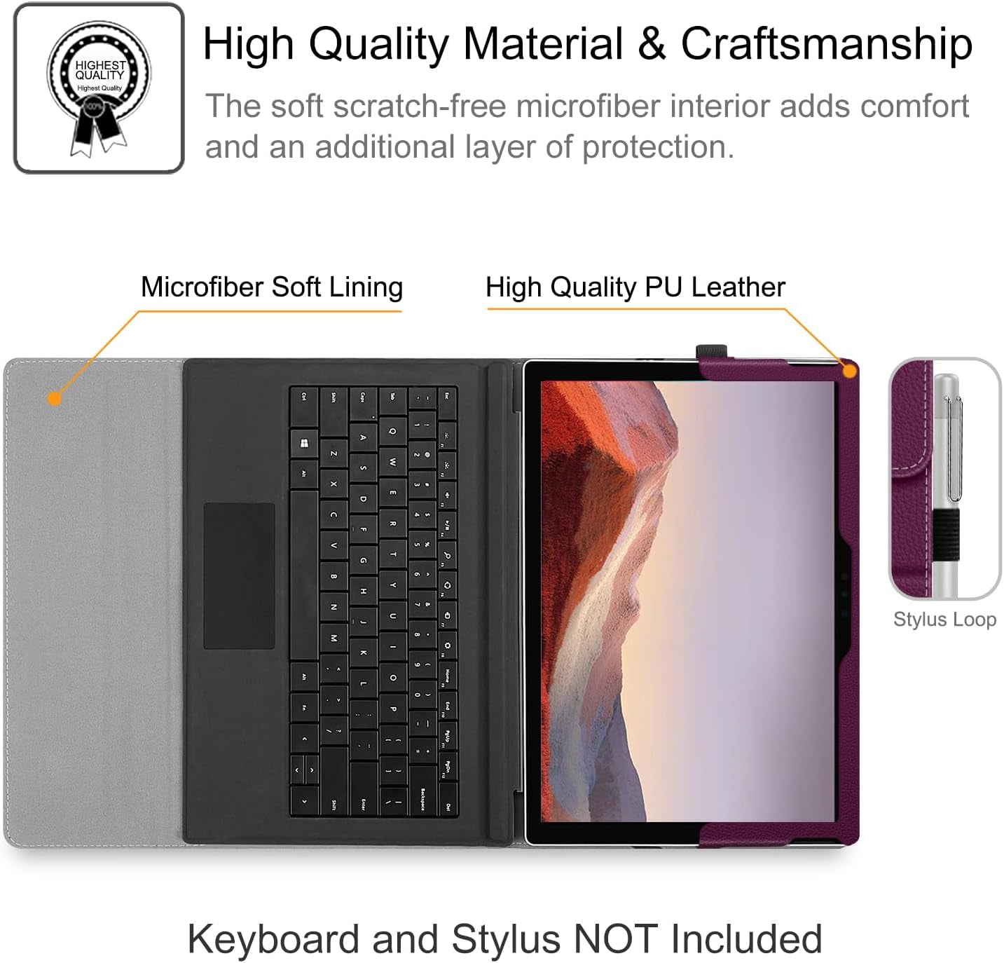 Case for 12.3 Inch Microsoft Surface Pro 7 Plus, Surface Pro 7, Surface Pro 6, Pro 5, Pro 4, Pro 3 - Portfolio Business Cover with Pocket, Compatible with Type Cover Keyboard, Purple