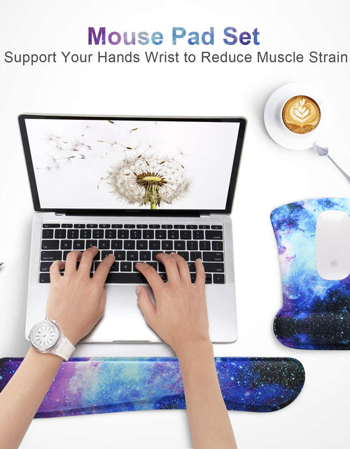 Load image into Gallery viewer, Mouse Pad with Wrist Support and Keyboard Wrist Rest Pad Set,Ergonomic Mouse Pads for Computers Laptop,Non-Slip Comfortable Mousepad W/Raised Memory Foam for Easy Typing &amp; Pain Relief (Galaxy)
