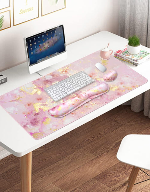 Load image into Gallery viewer, Keyboard Mouse Pad Set, Extended Mouse Pad+Keyboard Wrist Rest Support, Memory Foam Ergonomic Easy Typing, 3Pcs (35.4×15.7 In) Desk Pad Set for Home Office Study Game- Pink Gold Marble
