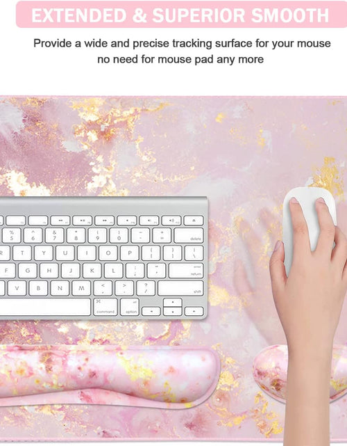 Load image into Gallery viewer, Keyboard Mouse Pad Set, Extended Mouse Pad+Keyboard Wrist Rest Support, Memory Foam Ergonomic Easy Typing, 3Pcs (35.4×15.7 In) Desk Pad Set for Home Office Study Game- Pink Gold Marble
